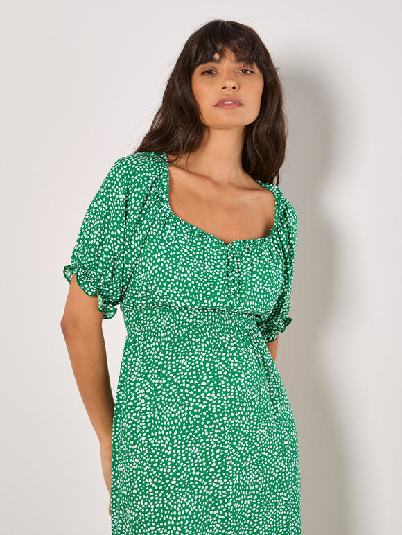 Spot Print Milkmaid Midi Dress, Green, large