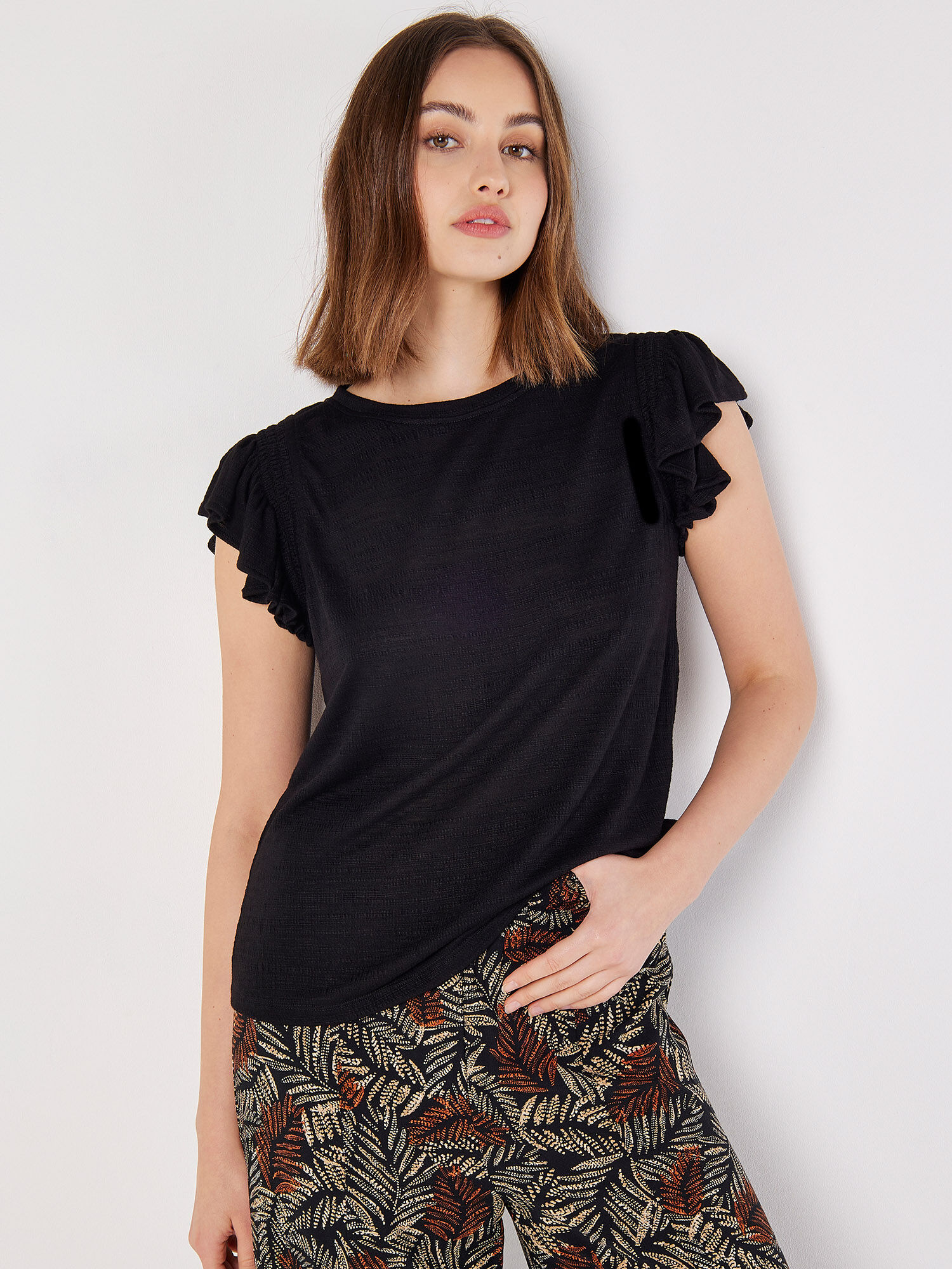 トップス DEAR DANSKIN STRETCH RUFFLE SHIRTS L DEAR DANSKIN Black Stretch Ruffle Shirt 322303 Danskin