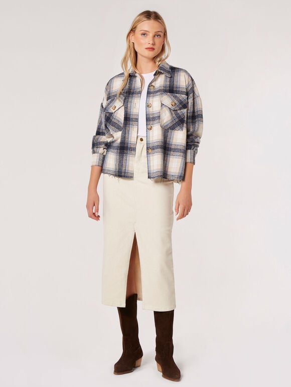 Raw Edge Check Shacket, Navy, large