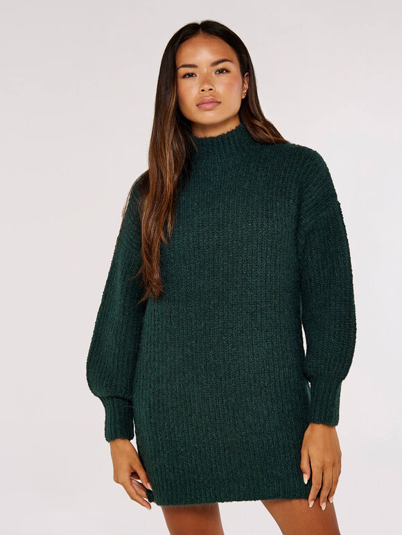 Knit Jumper Mini Dress, Green, large