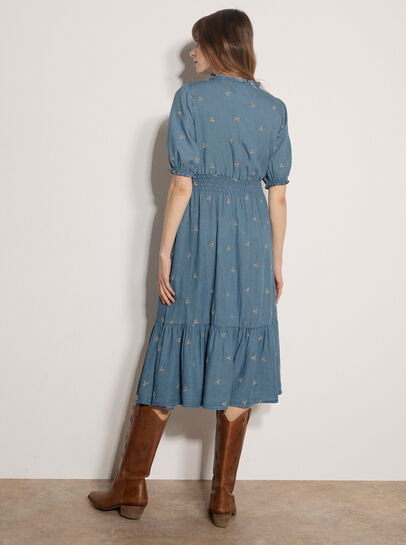 Floral Embroidered Denim Midi Dress