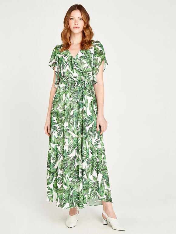 Tropical Leaf Kimono Maxi Dress, Cream, large
