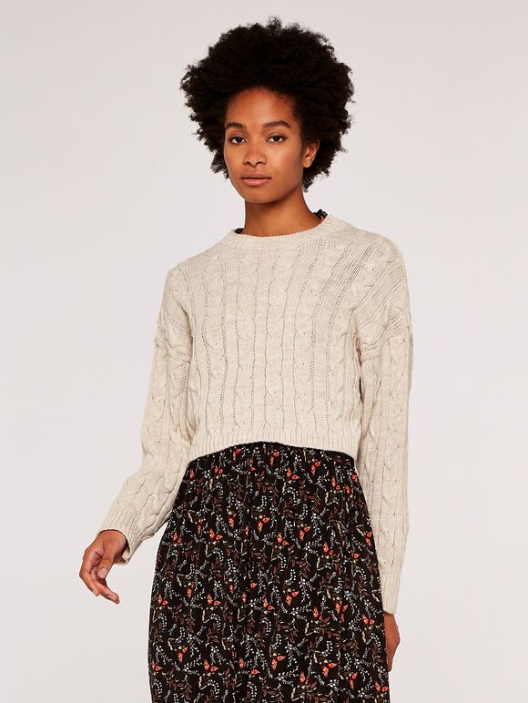 Aran Crop Jumper, Stone, large