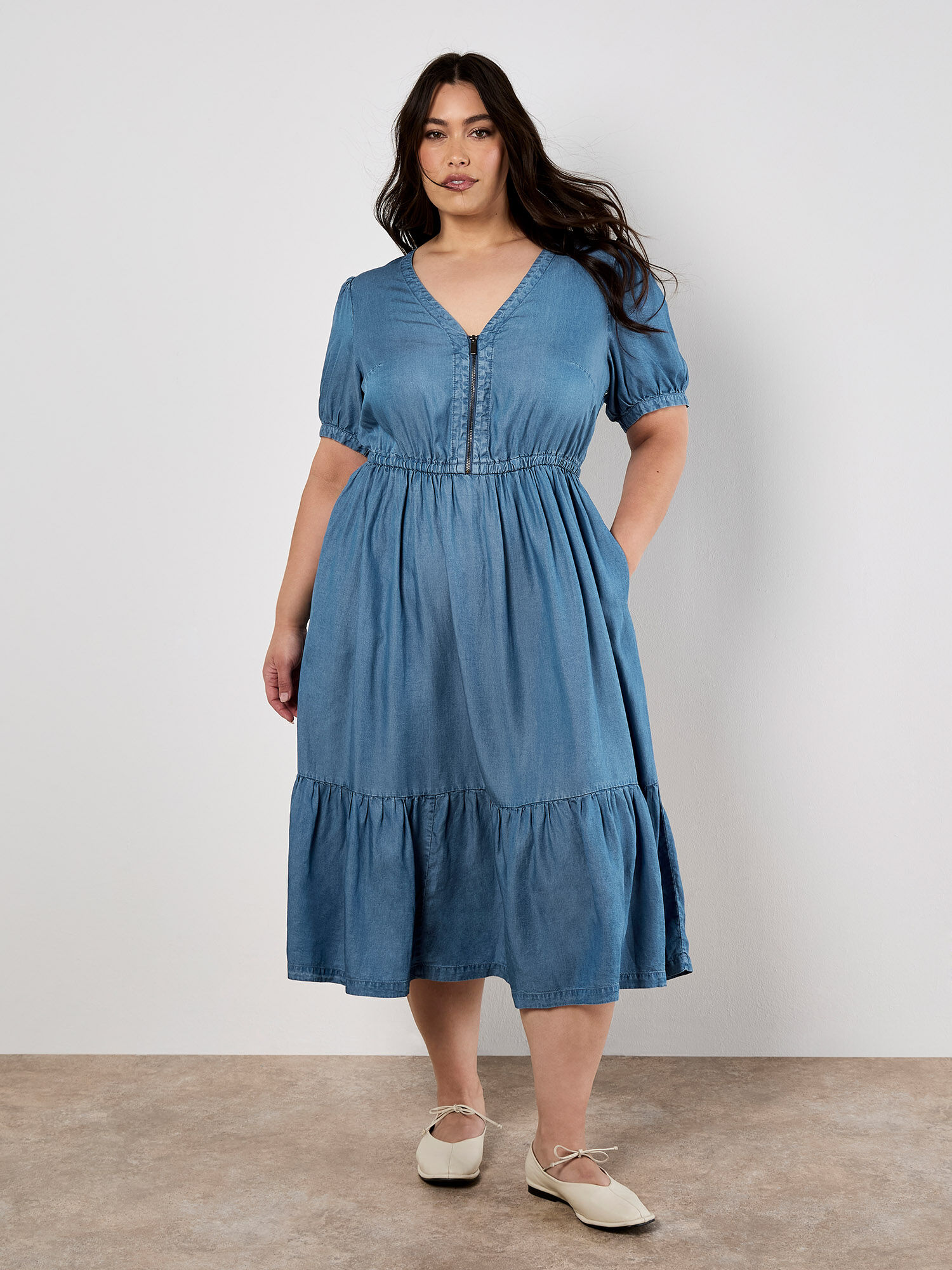 Denim Zip Tiered Midi Dress | Apricot Clothing