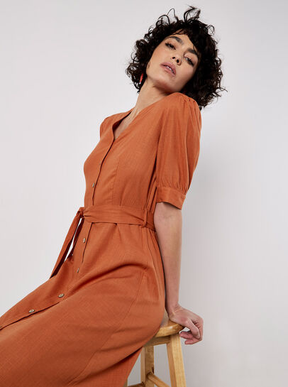 Button Down Linen Blend Midi Dress