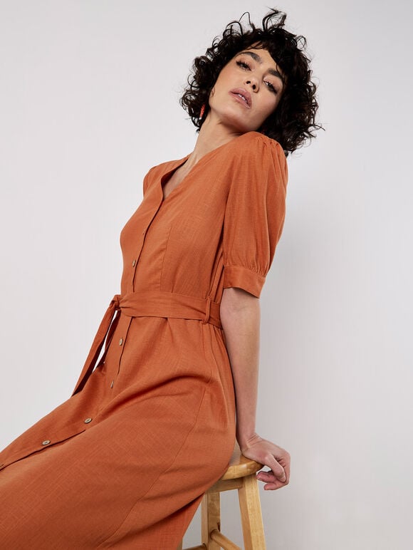Button Down Linen Blend Midi Dress, Orange, large