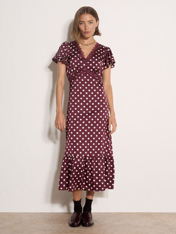 Polka Dot Satin Midi Dress, Plum, large