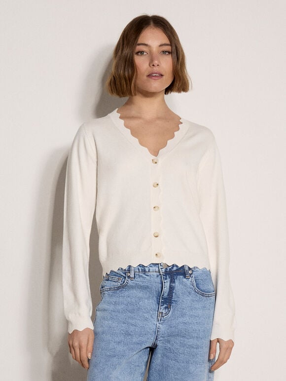 Scallop Hem Cardigan, Cream, large