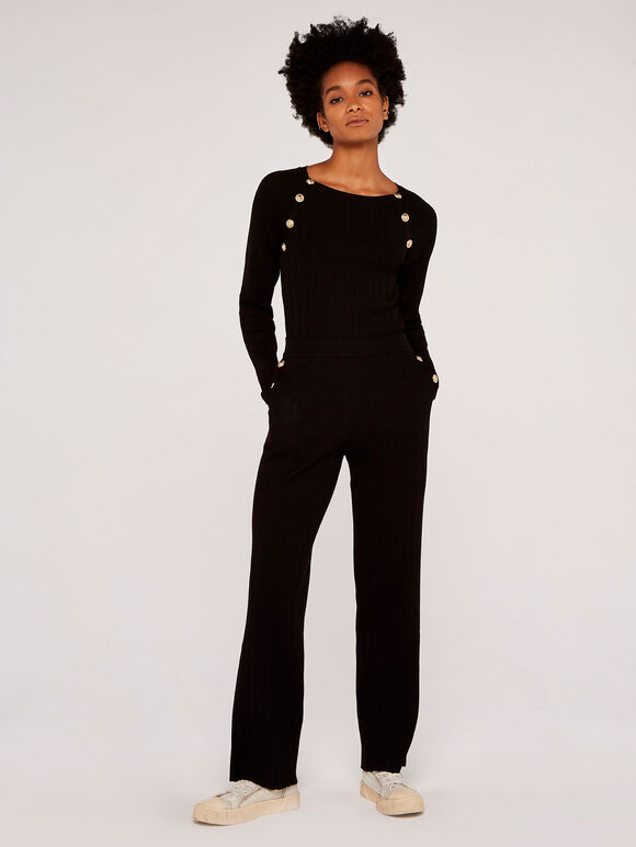 Ribbed Jumper with Gold Buttons, Black, large