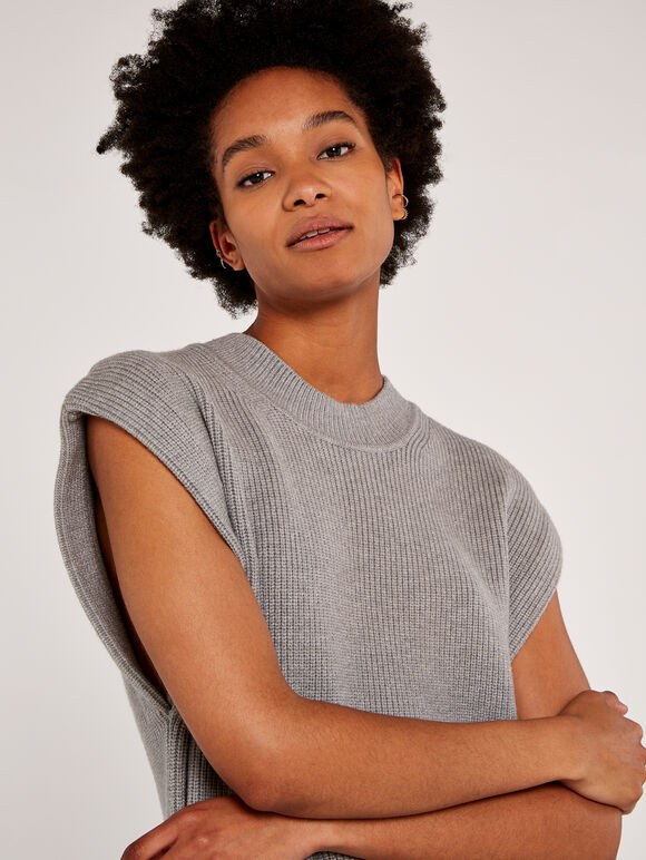 Sleeveless Knit Dress, Grey, large