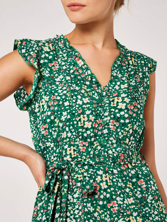 Ditsy Ruffle Mini Dress, Green, large