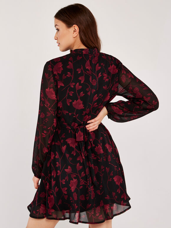 Silhouette Branches Chiffon Dress, Black, large