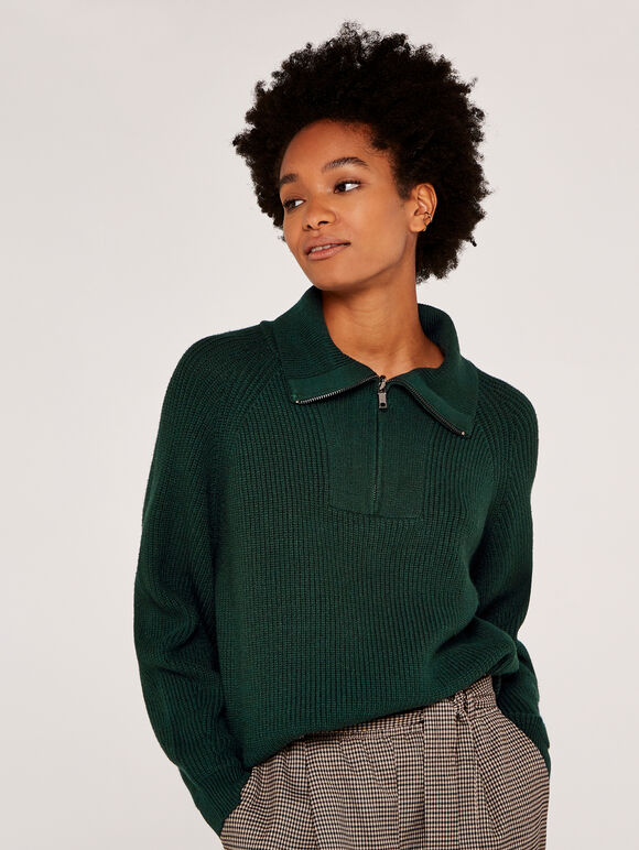 Zip High Neck Jumper, Green, large