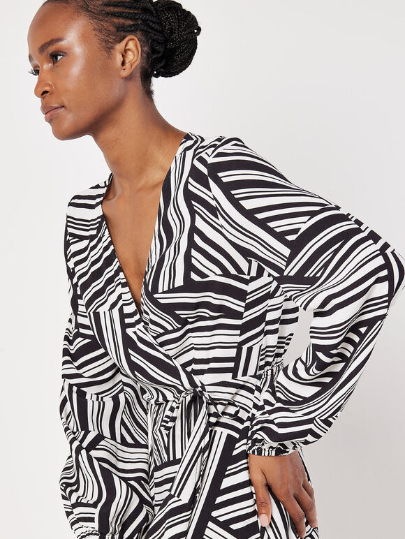 Mixed Stripes Mini Wrap Dress, Black, large