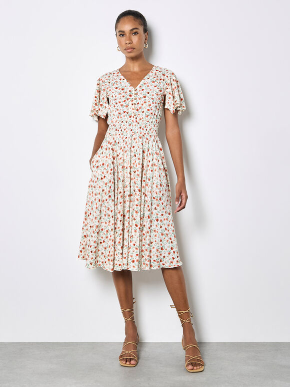 Ditsy Floral Midi Dress, Cream, large
