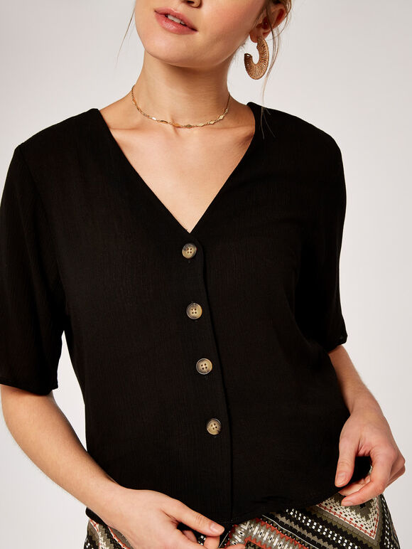 Button Front Crop Top, Black, large