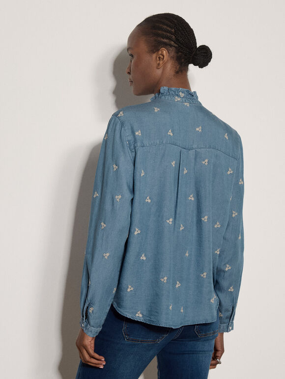 Ditsy Floral Embroidered Denim Blouse, Blue, large
