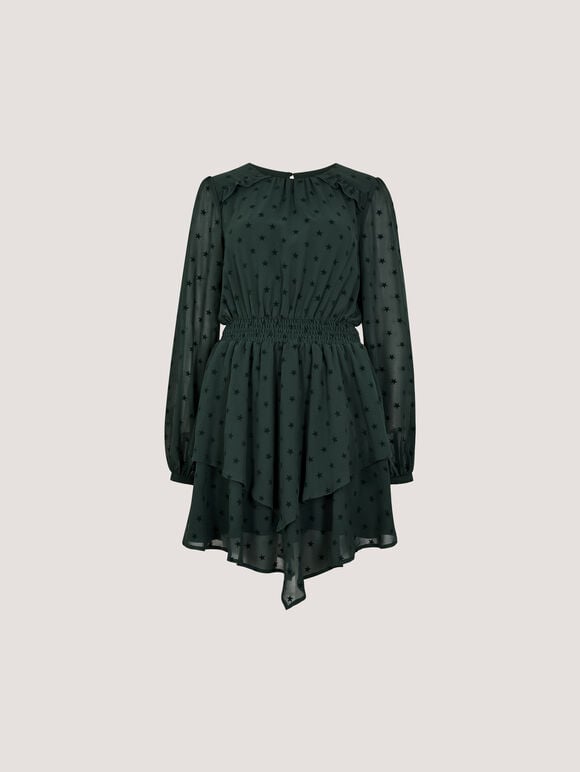 Crepe Velvet Star Tiered Mini Dress, Green, large