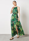 Tropical Leaf Satin Midi Dress, Navy, large