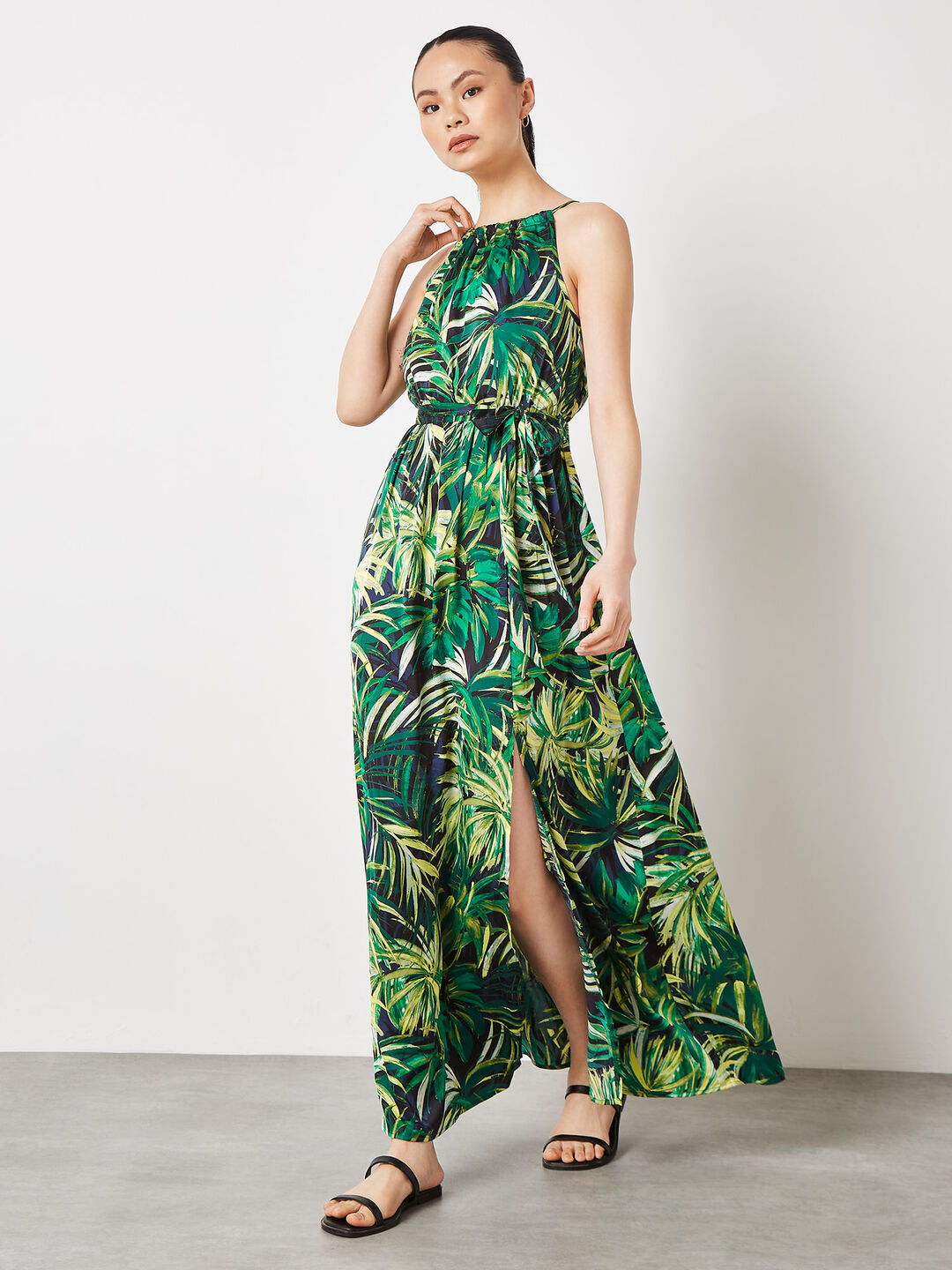Tropical Leaf Satin Midi Dress