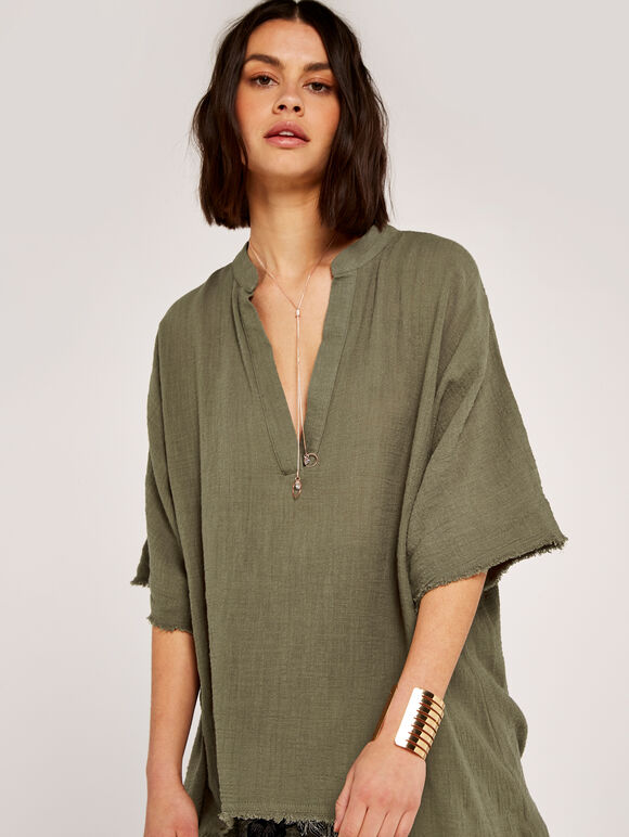 Raw Edge Tunic Top, Khaki, large