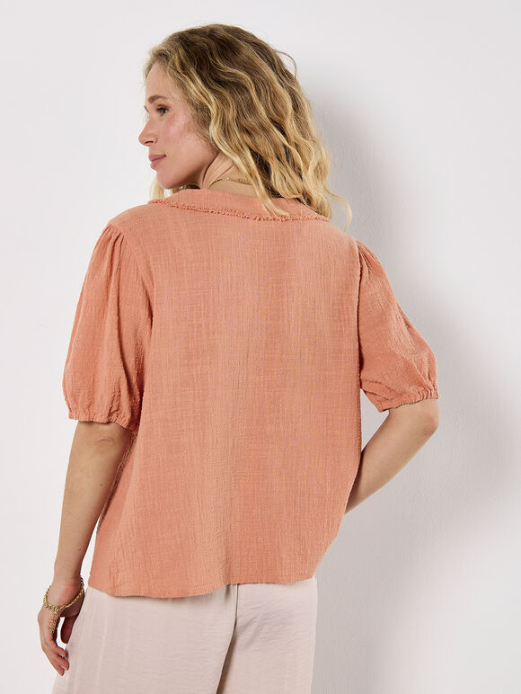 Raw Edge Ruffle Tie-Up Top, Coral, large