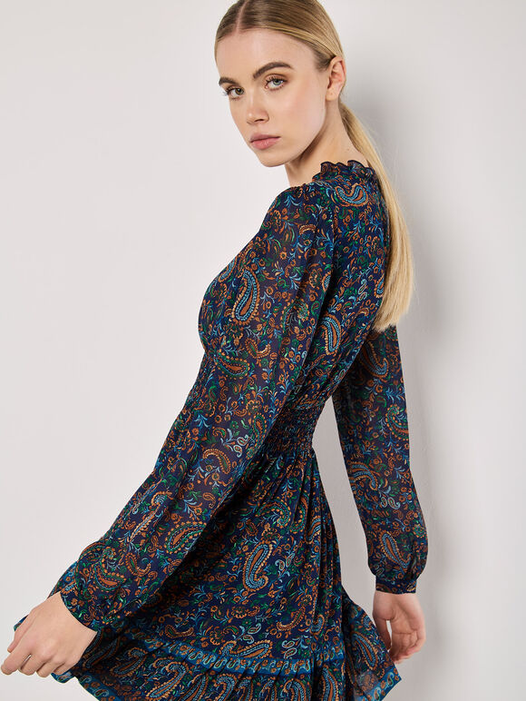 Paisley Ruffle Mini Dress, Navy, large