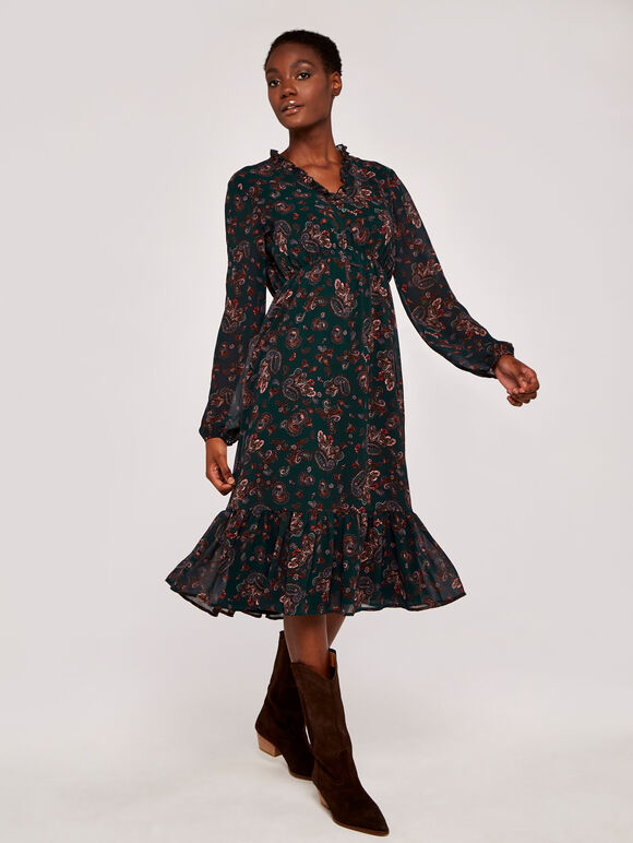 Paisley Long Sleeve Ruffle Midi Dress, Green, large