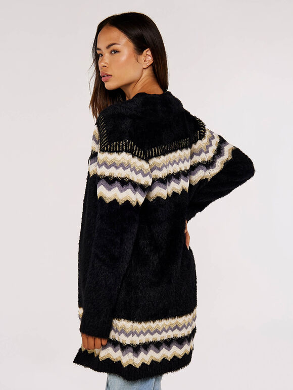 Metallic Chevron Fuzzy Cardigan, Black, large