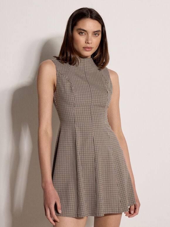 Heritage Check Fit And Flare Mini Dress, Brown, large
