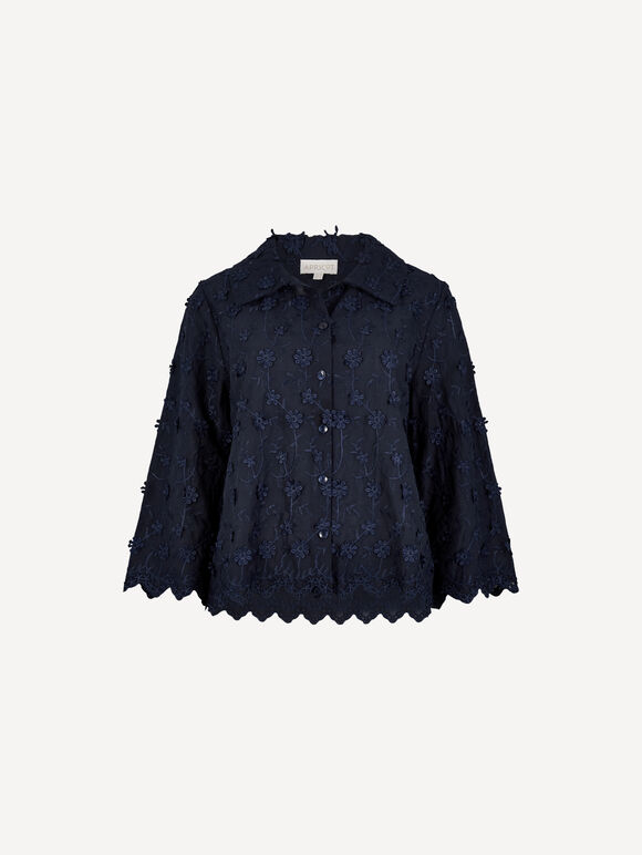 Applique Flowers Cropped Shirt, Navy, large
