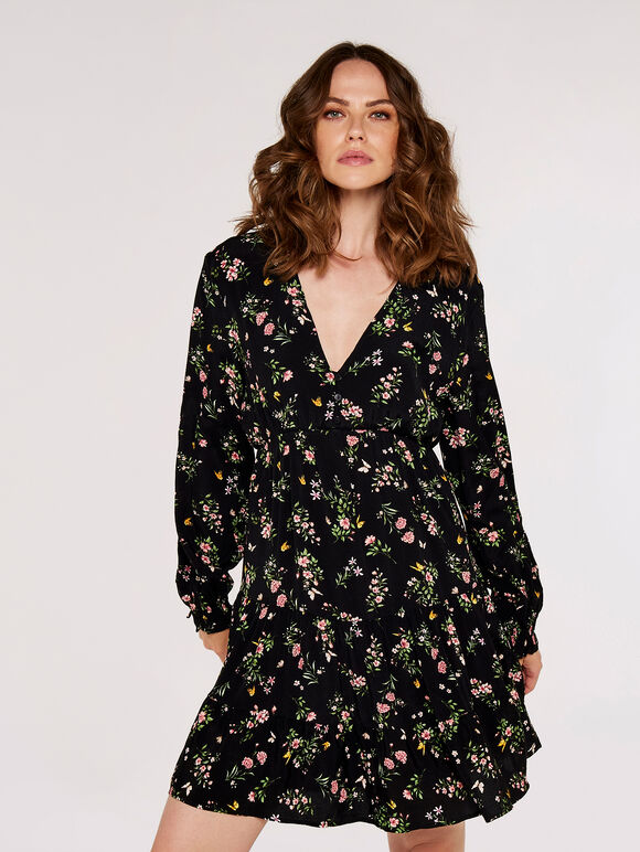 Floral Tiered Dress, Black, large