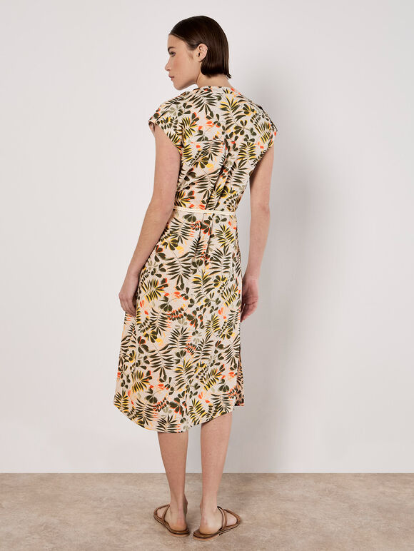 Belted Leaf Print Midi Shirt Dress, Stone, large