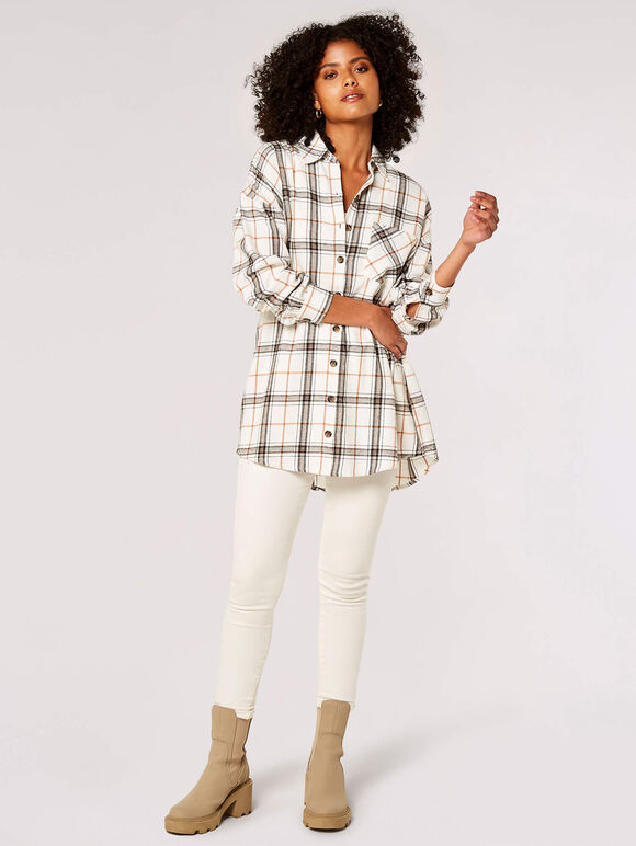 Oversized Cotton Check Shirt, White, large