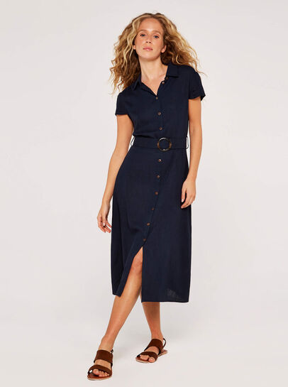 Linen Blend Belted Shirt Midi Dress