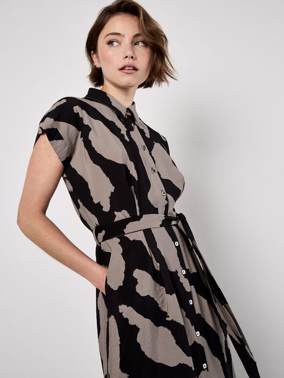 Zebra Print Shirt Midi Dress, Stone, large
