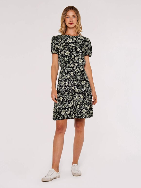 Floral Smock Waist Dress, Black, large
