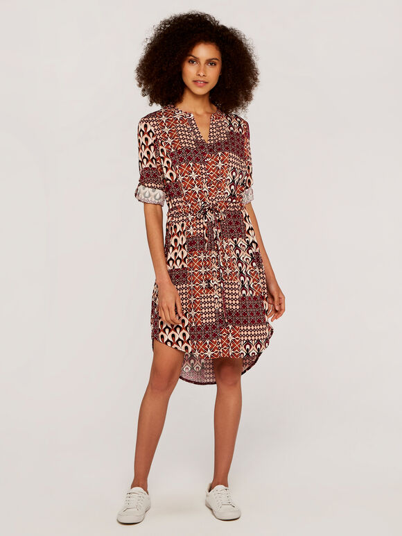 Patchwork Shirt Mini Dress, Burgundy, large