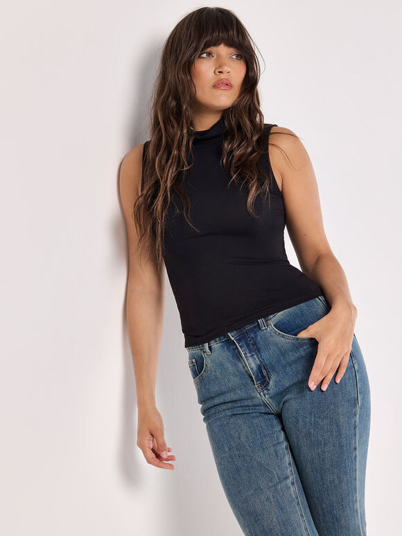 Jersey Roll Neck Tank Top, Black, large