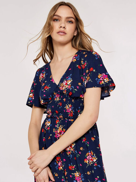 Smocked Bodice Midi Dress, Navy, large
