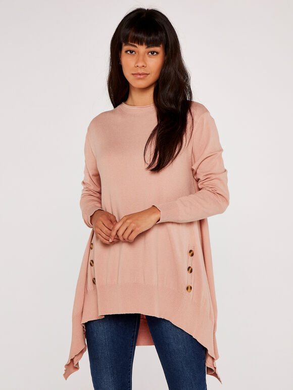 Longline Side Button Jumper, Pink, large