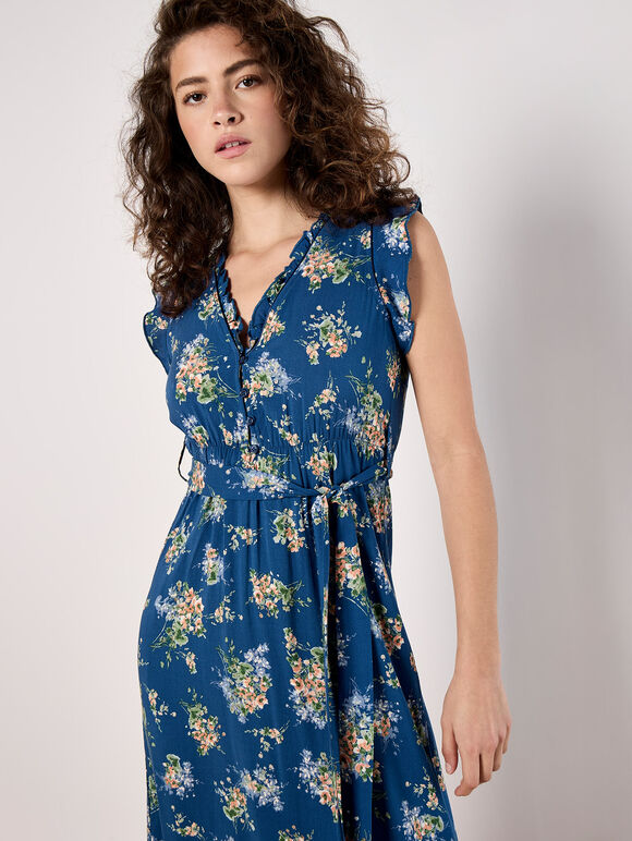 Ditsy Floral Print Midi Dress, Blue, large