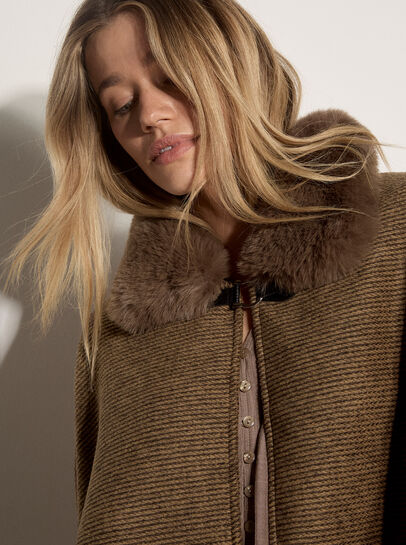 Textured Faux Fur Trim Cape