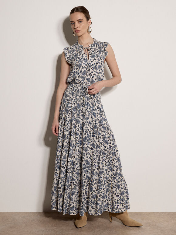 Painterly Paisley Tiered Maxi Skirt, Cream, large