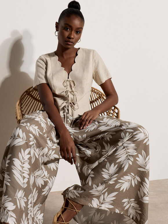Leaf Print Pleated Culotte Trousers, Stone, large