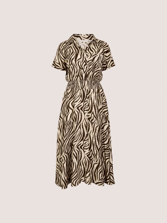 Zebra Print Shirt Midi Dress, Stone, large