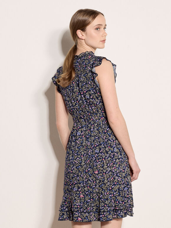 Ruffle Floral Mini Dress, Purple, large