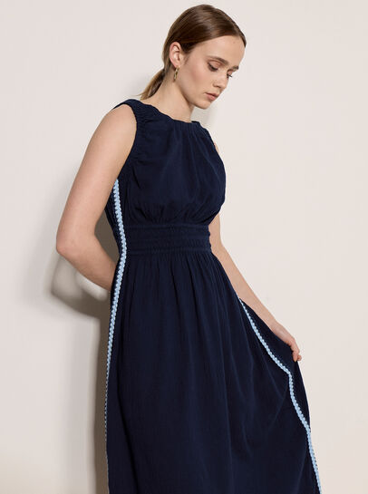 Crochet Trim Smocked Midi Dress