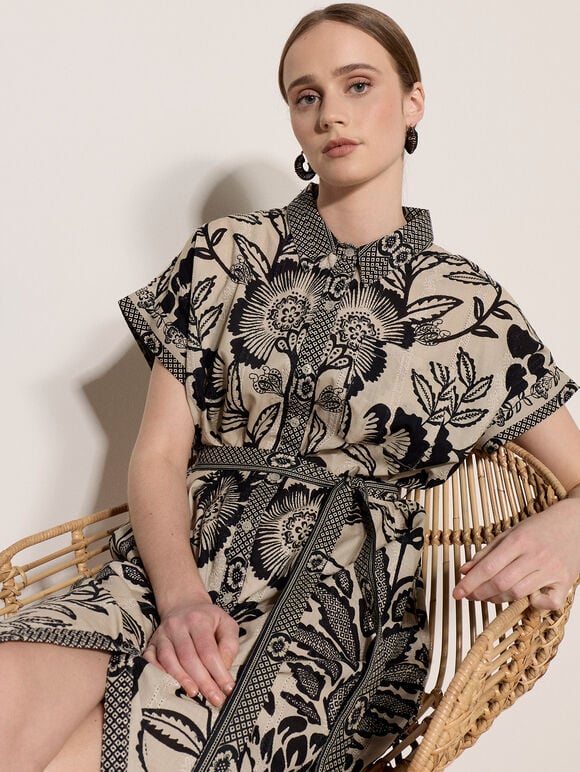 Floral Pineapple Cotton Shirt Midi Dress, Stone, large