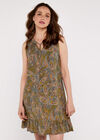 Paisley V Neck Ruffle Trim Dress, Khaki, large